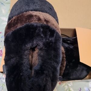 Heated Cozy Black and Brown Fuzzy Slippers